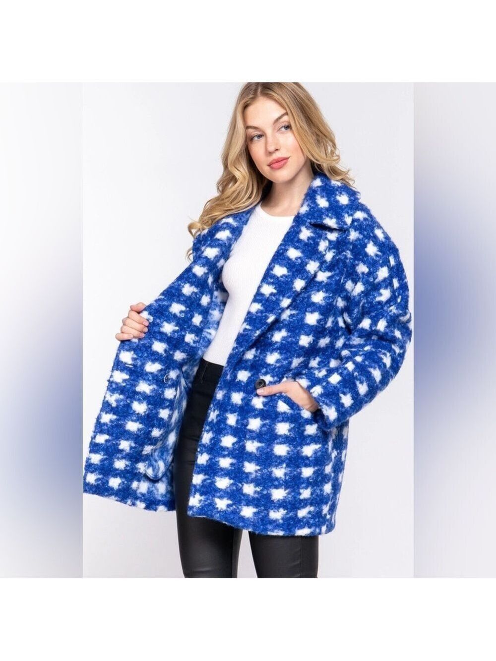 ($20) Double Breasted Check Boucle Fleece Coat